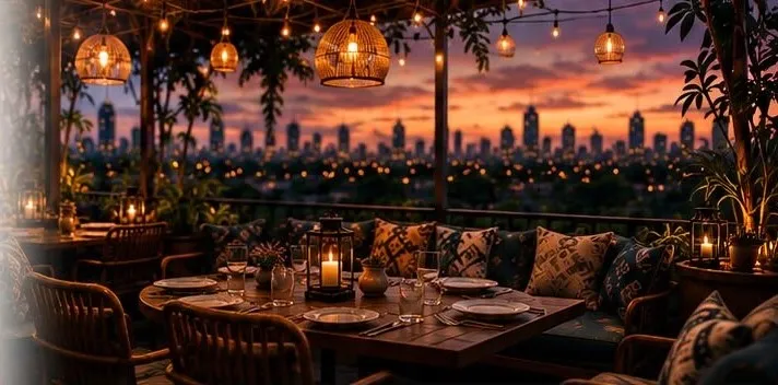 The Up Here terrace at golden hour, tables looking out over the Bengaluru skyline